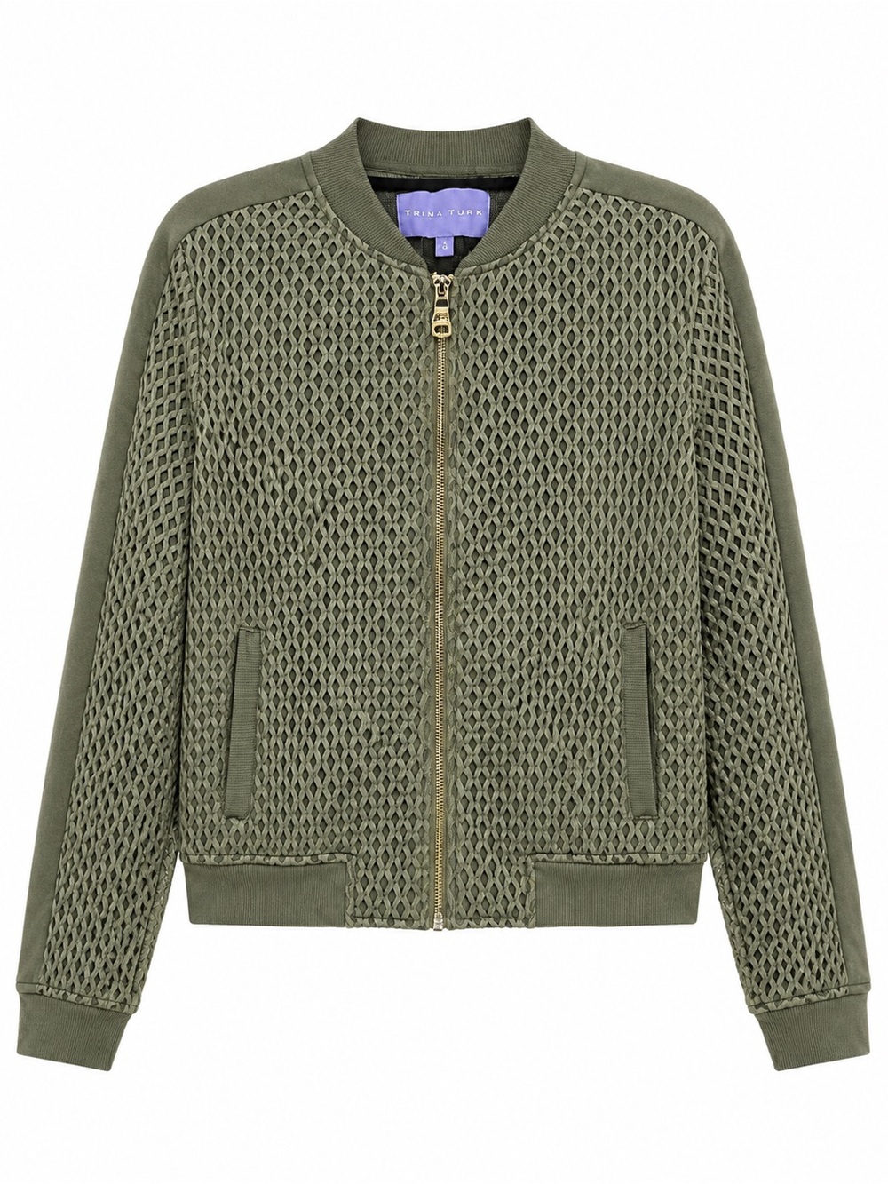 Trina Turk Olive Mesh Zip-Front Bomber Jacket